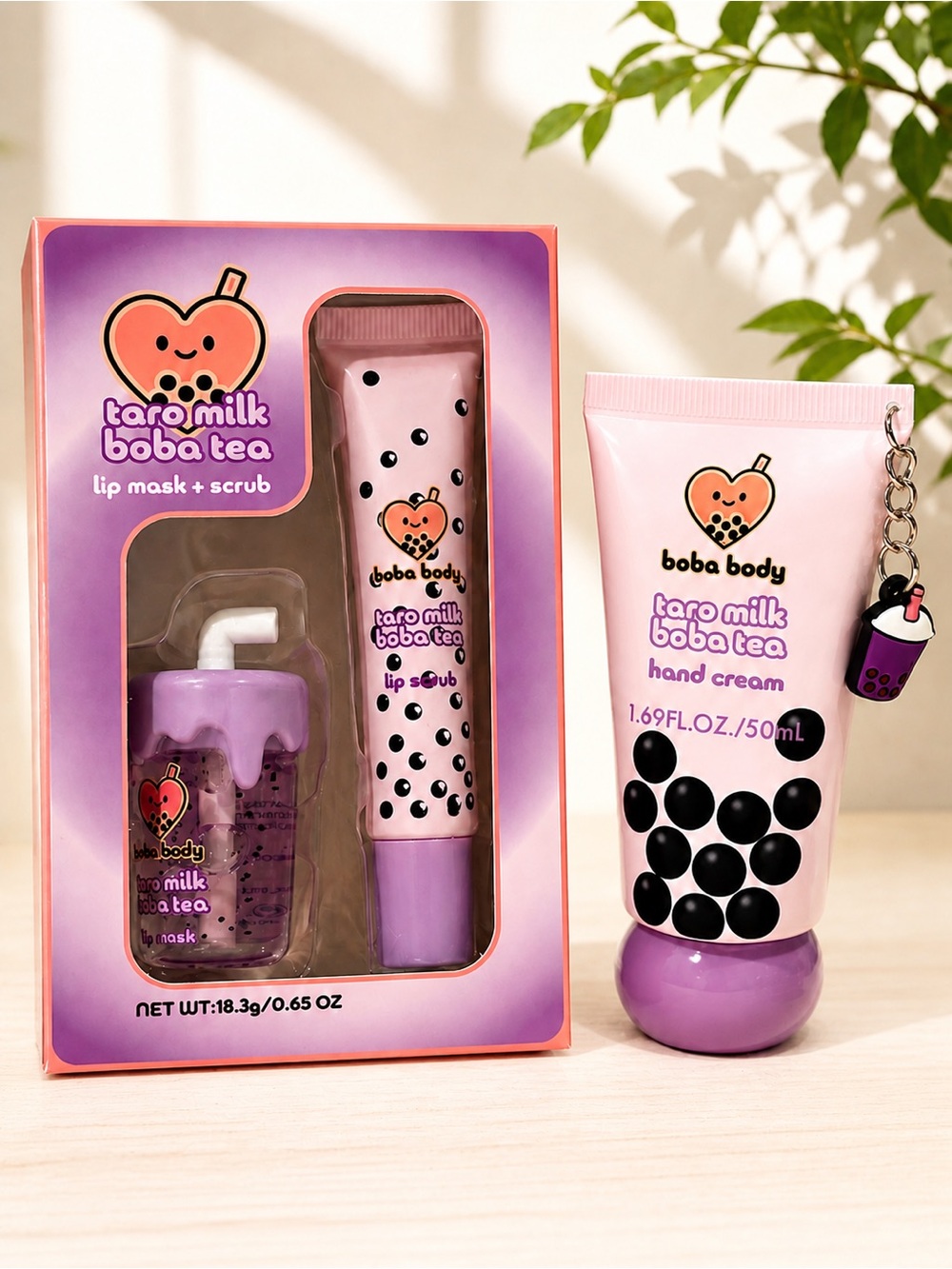 Taro Milk Boba Tea Beauty Bundle Lip Care + Hand Cream Cute Gift Set